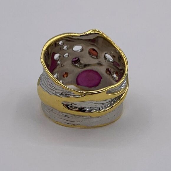 Ring, NWOT, solid 925 sterling silver, 22 K gold, orange sapphires and rubies, - Picture 8 of 15